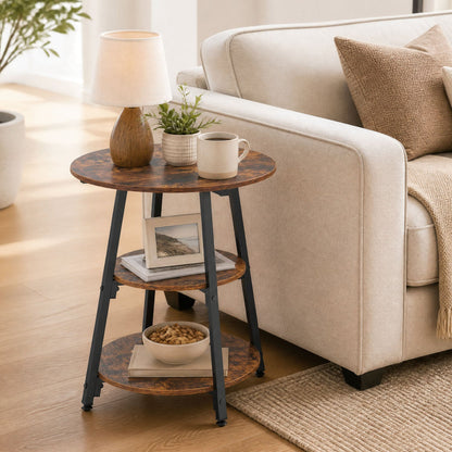 Industrial side table with round wood top and 3-tier shelves on a black metal frame on Tampa Home & Garden Store