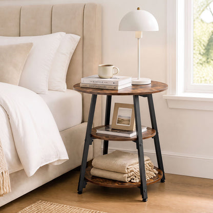 DirectDeals industrial side table with 3-tier shelves, round wood top, black metal frame on Tampa Home & Garden Store