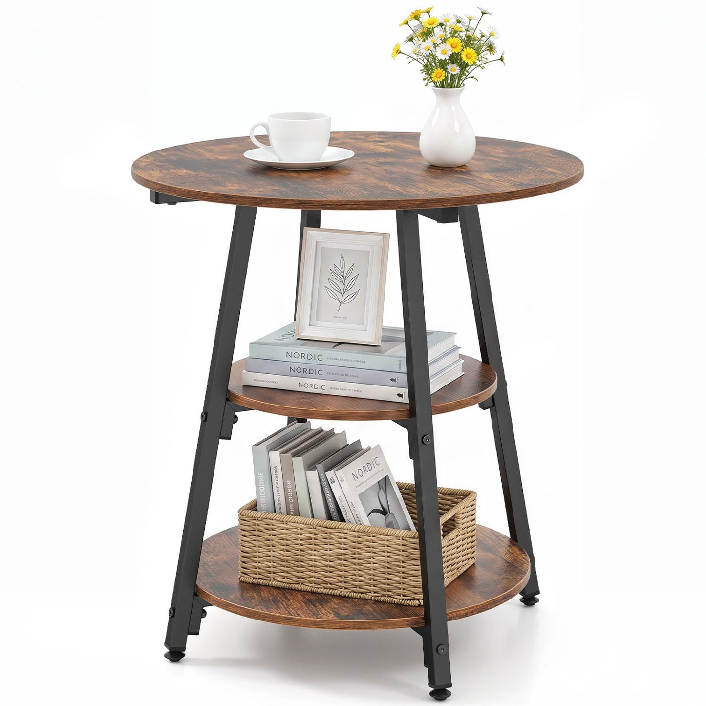 Industrial side table by DirectDeals with 3-tier walnut wood shelves and black metal frame on Tampa Home & Garden Store