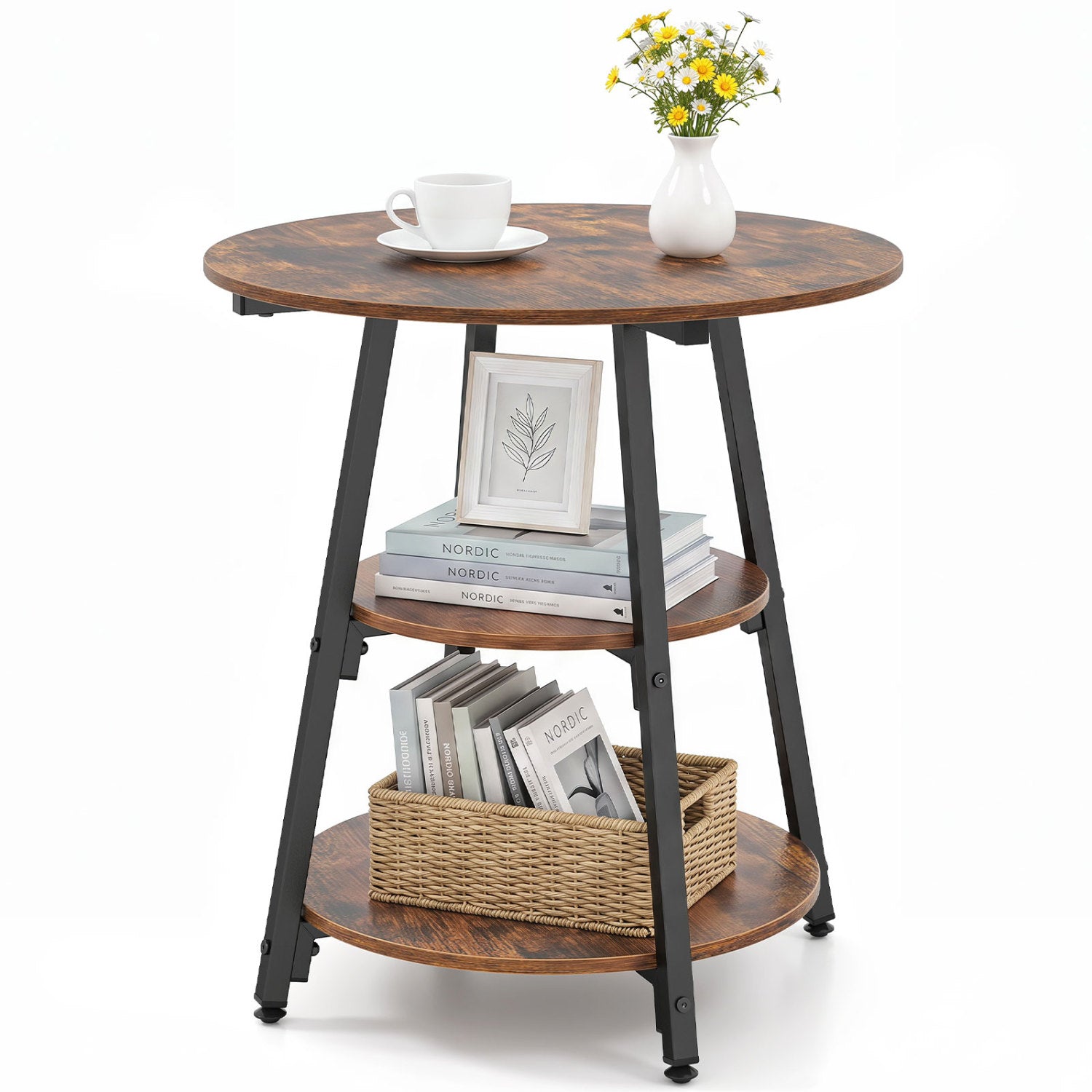 Industrial side table by DirectDeals with 3-tier walnut wood shelves and black metal frame on Tampa Home & Garden Store
