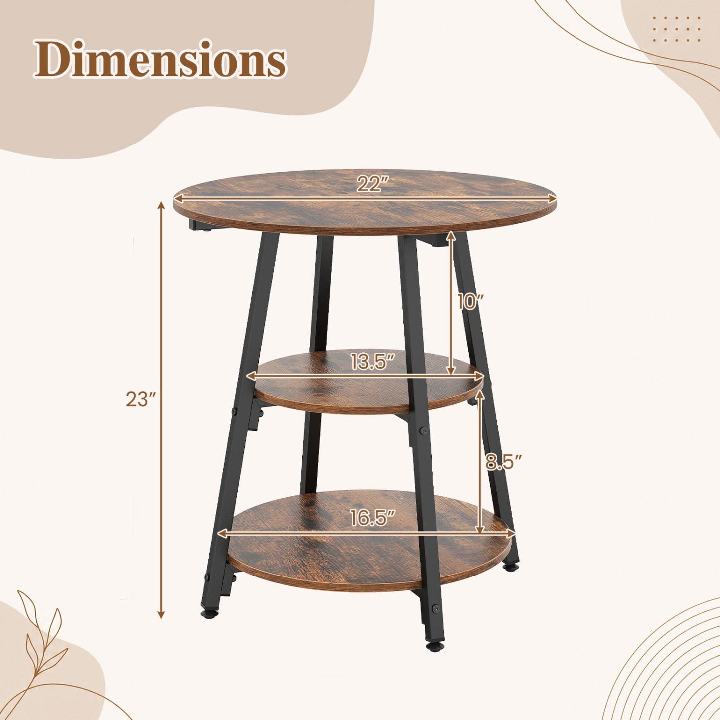 Industrial 3-tier side table with dark wood shelves and black metal frame, 22-in top on Tampa Home & Garden Store