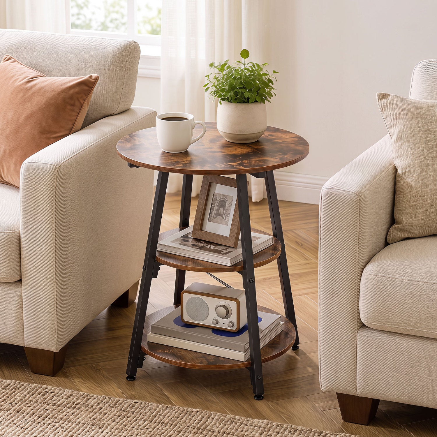Industrial Side Table with 3-tier shelves, walnut top, black metal frame between sofas on Tampa Home & Garden Store