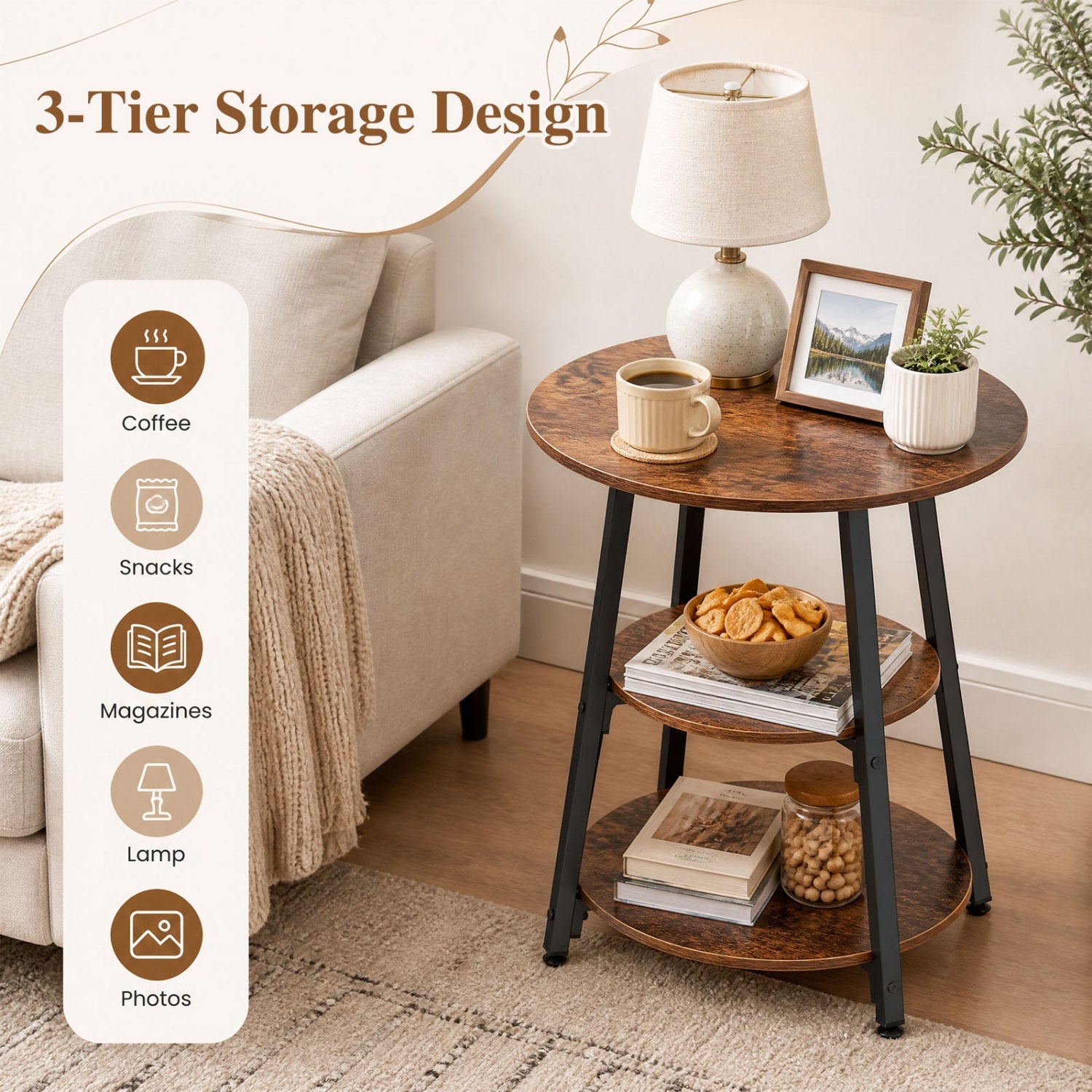 Industrial 3-tier side table with wood top and black metal frame, DirectDeals on Tampa Home & Garden Store