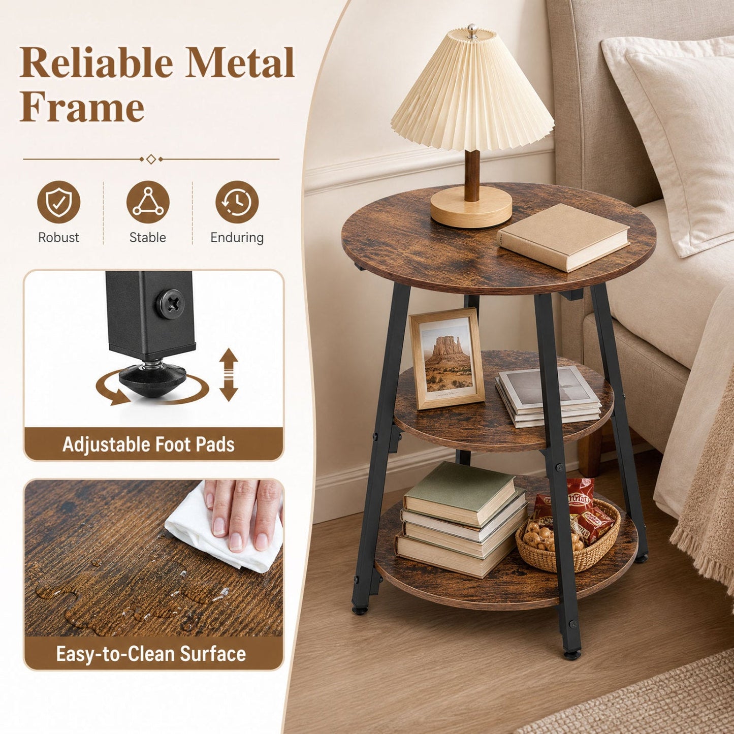 Industrial Side Table with 3-Tier Shelves, wood top, black metal frame by DirectDeals on Tampa Home & Garden Store