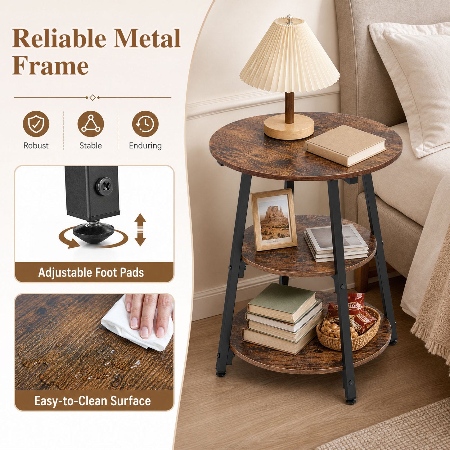 Industrial Side Table with 3-Tier Shelves, wood top, black metal frame by DirectDeals on Tampa Home & Garden Store