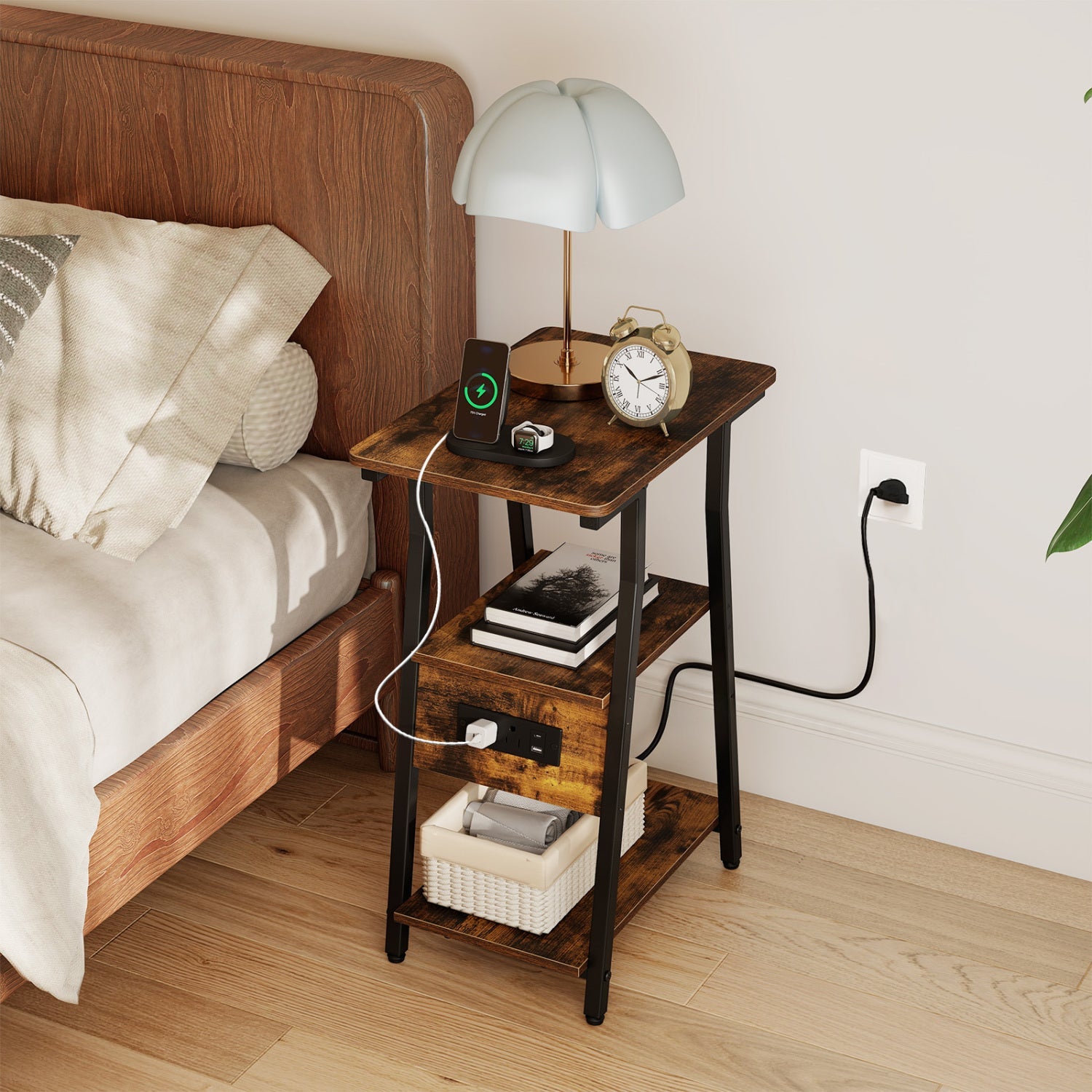 Industrial side table with charging station and 3-tier shelves, dark wood top, black frame on Tampa Home & Garden Store