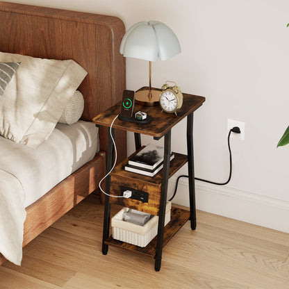 Industrial side table with charging station and 3-tier shelves, dark wood top, black frame on Tampa Home & Garden Store