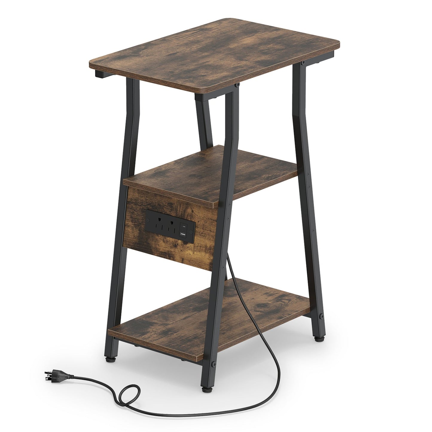 Side table with 3-tier shelves and charging hub, rustic wood top, black metal frame DirectDeals on Tampa Home & Garden Store
