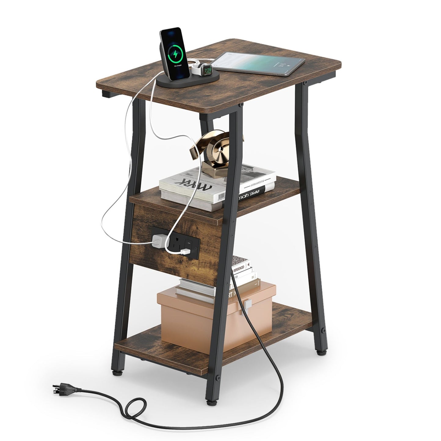 Industrial side table with charging station, wood top and black metal frame; 3-tier shelves on Tampa Home & Garden Store