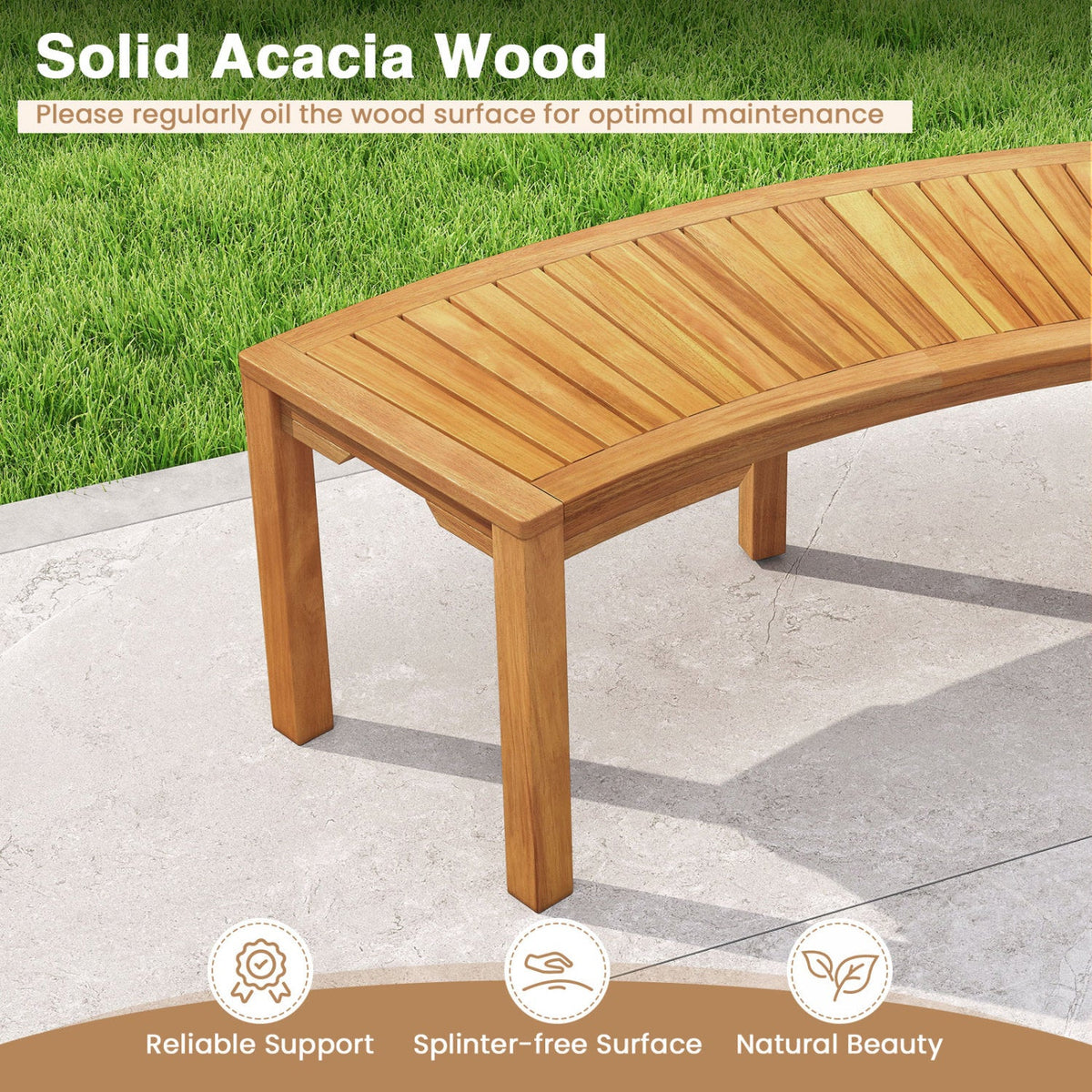 Curved acacia wood outdoor bench for 2 by DirectDeals on a concrete patio beside green lawn on Tampa Home & Garden Store