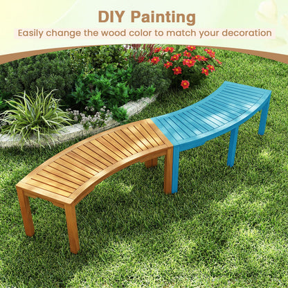Curved Acacia Wood Garden Bench for 2 with blue and natural finishes on Tampa Home & Garden Store