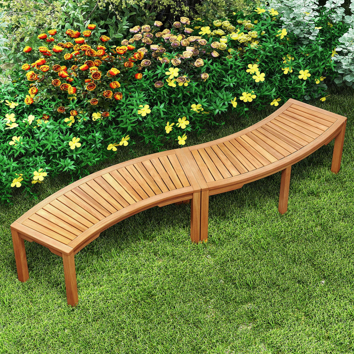 Curved acacia wood garden bench for 2, natural finish, slatted seat, DirectDeals outdoor bench on Tampa Home & Garden Store