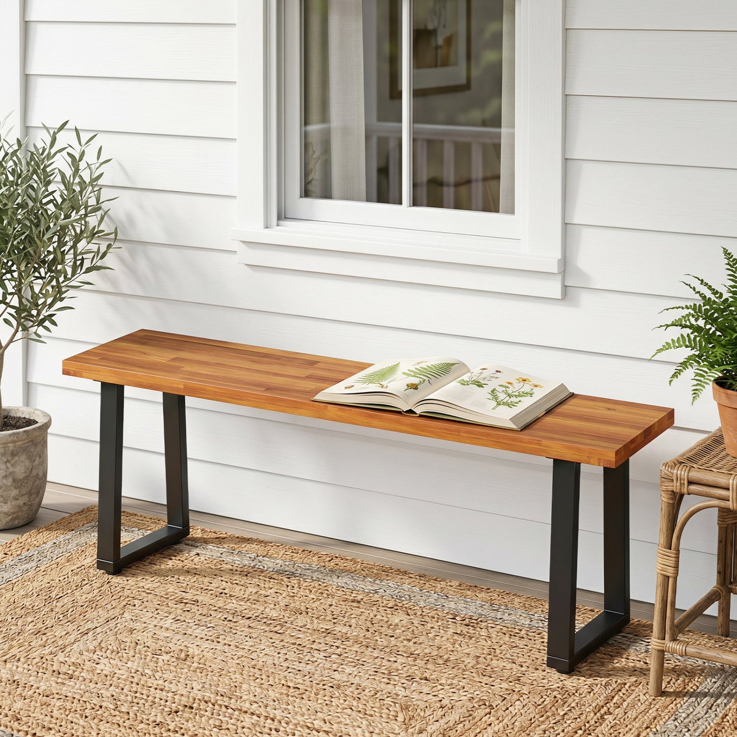 Acacia Wood Patio Bench with Metal Legs Outdoor