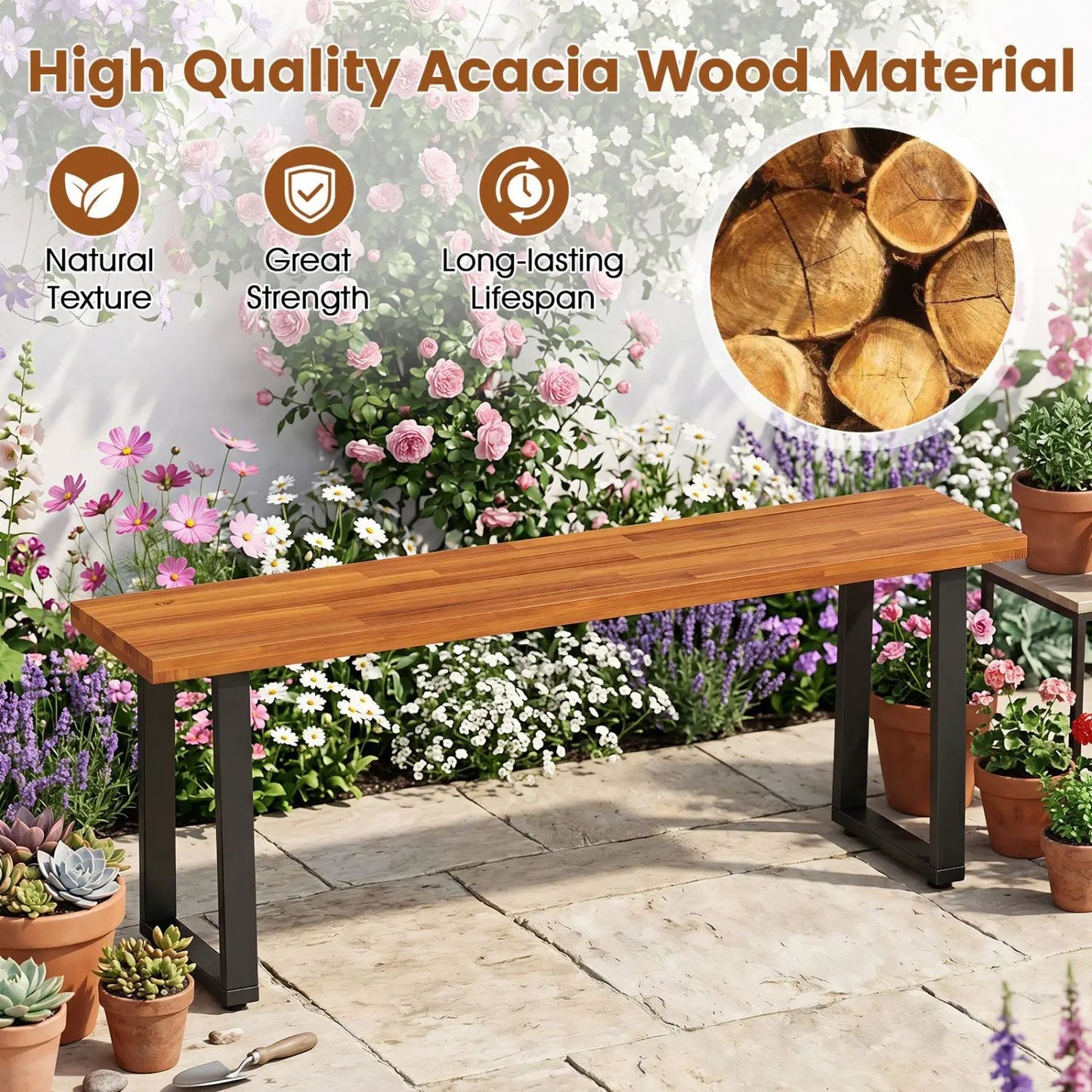 Acacia Wood Patio Bench with Metal Legs Outdoor