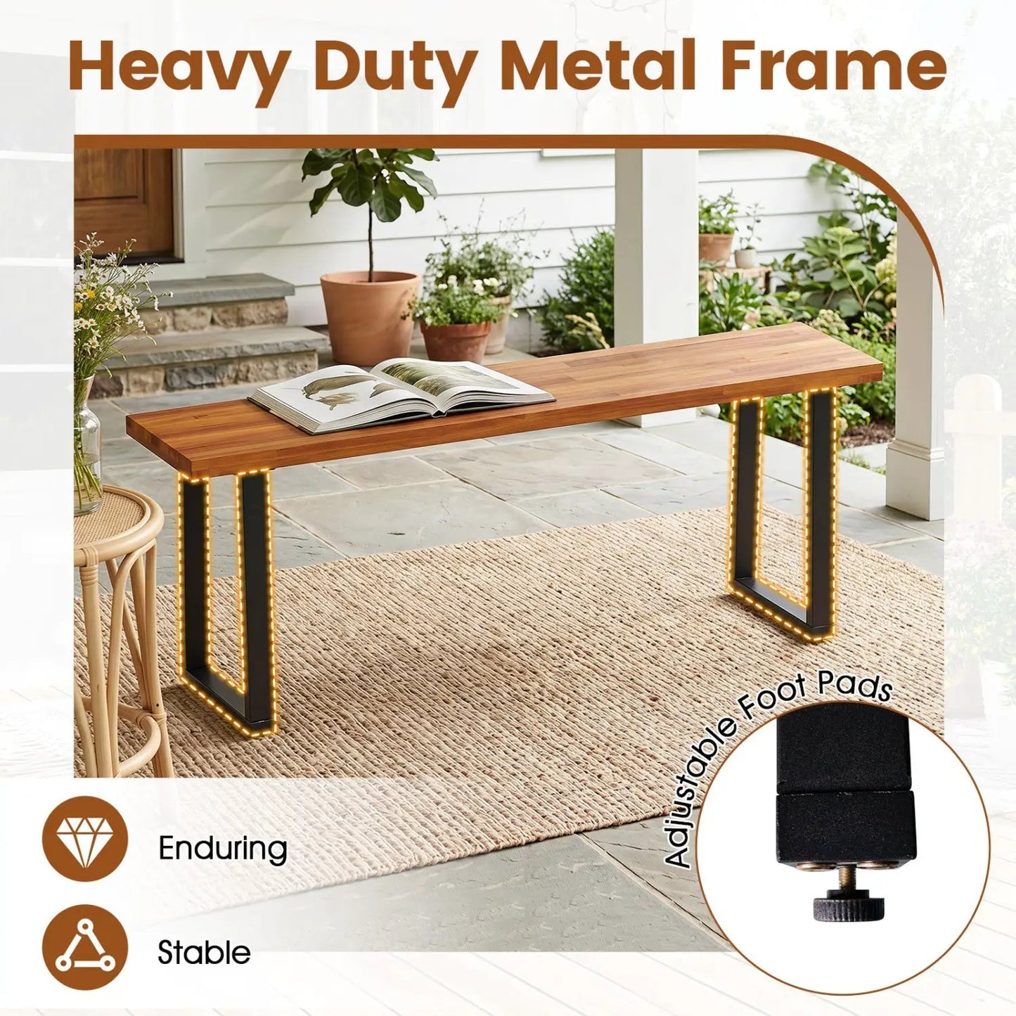 Acacia Wood Patio Bench with Metal Legs Outdoor