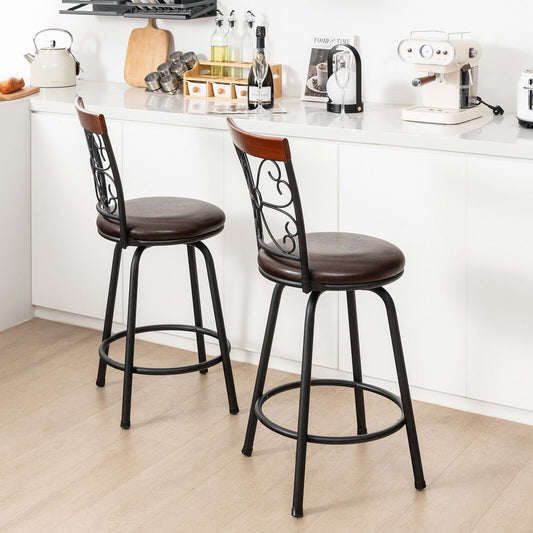 2 Pieces 24-30 Inch Adjustable PU Cushioned Swivel Barstools-Brown - Tampa Home & Garden Store