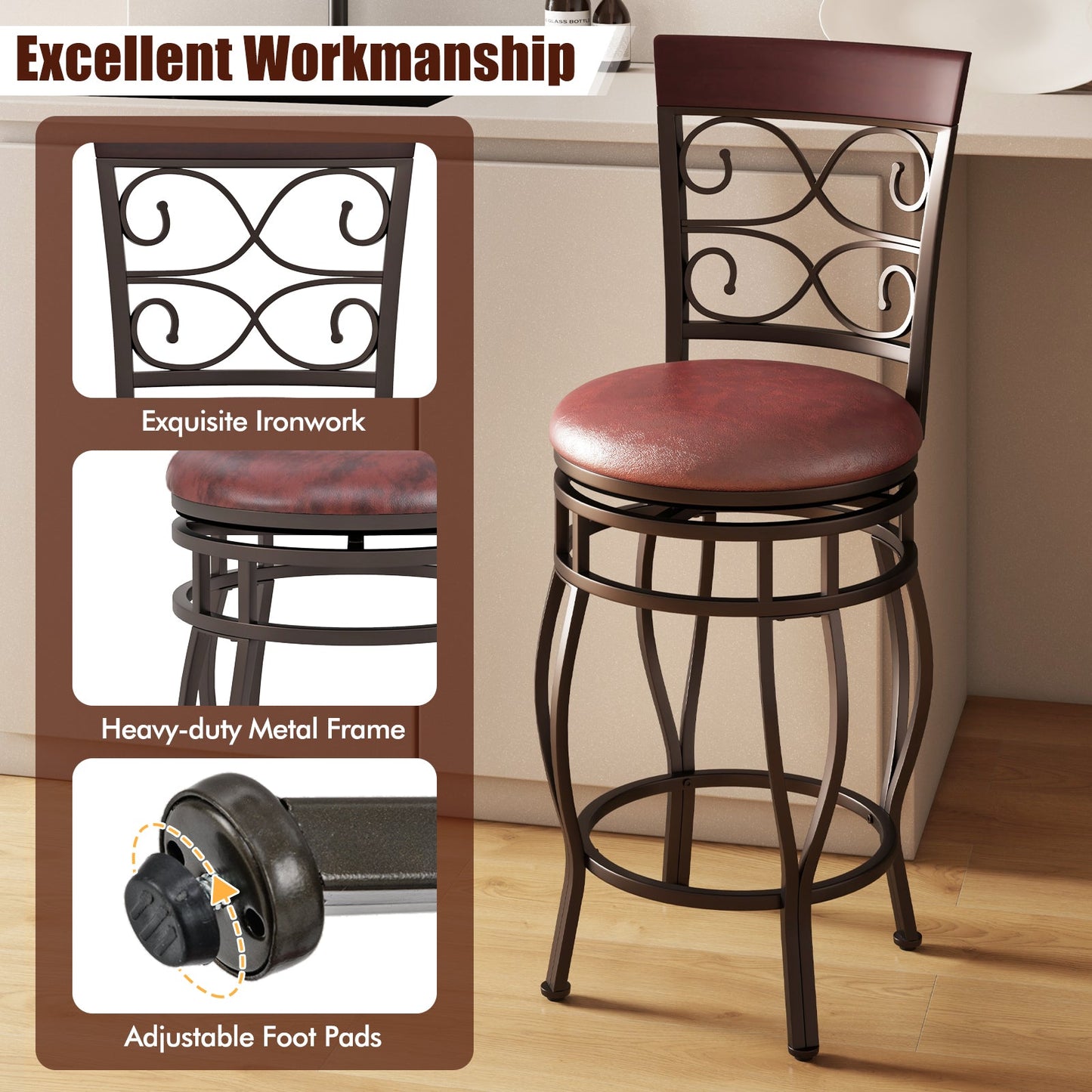 Set of 2 26 Inch Bar Stool with Backrest and Footrest