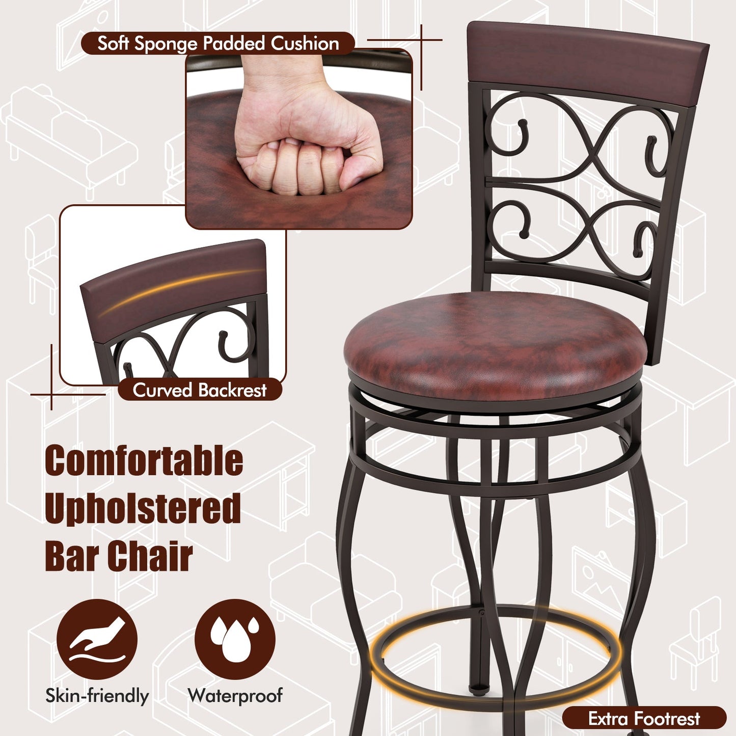 Set of 2 26 Inch Bar Stool with Backrest and Footrest
