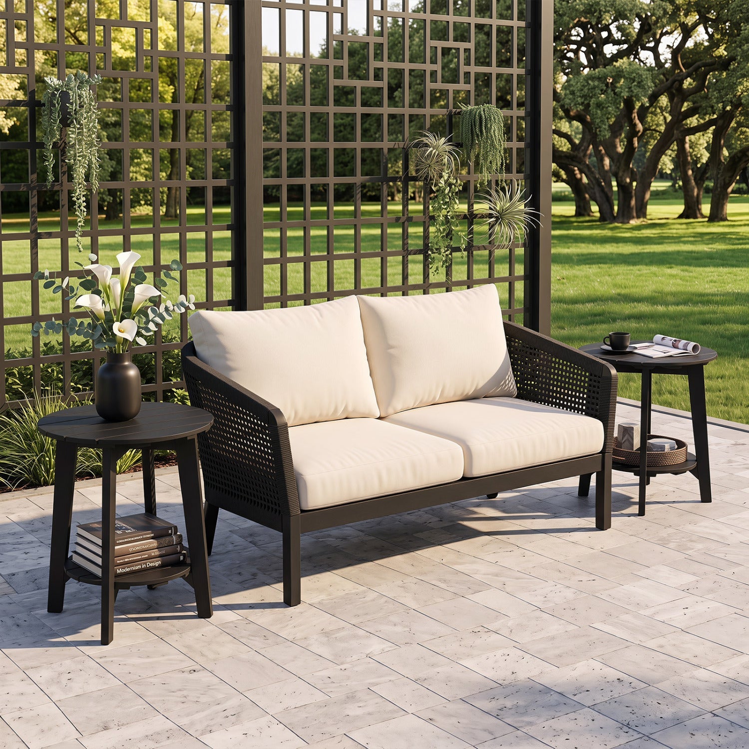 2-Tier Eucalyptus Wood Outdoor Side Tables set of 2 by DirectDeals beside cream sofa on patio on Tampa Home & Garden Store