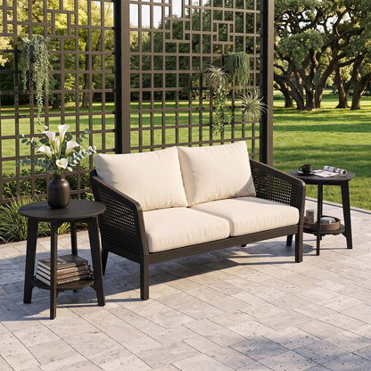 2-Tier Eucalyptus Wood Outdoor Side Tables set of 2 by DirectDeals beside cream sofa on patio on Tampa Home & Garden Store