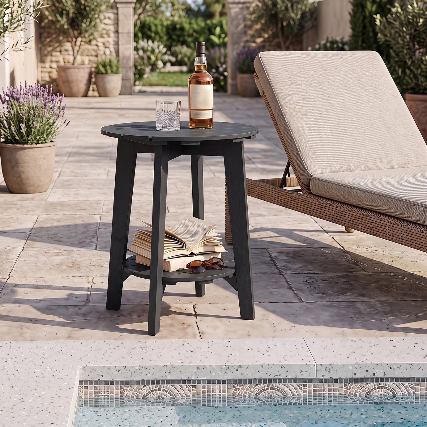 2-Tier Eucalyptus Wood Outdoor Side Tables set of 2, DirectDeals, dark gray beside a lounge chair on Tampa Home & Garden Store