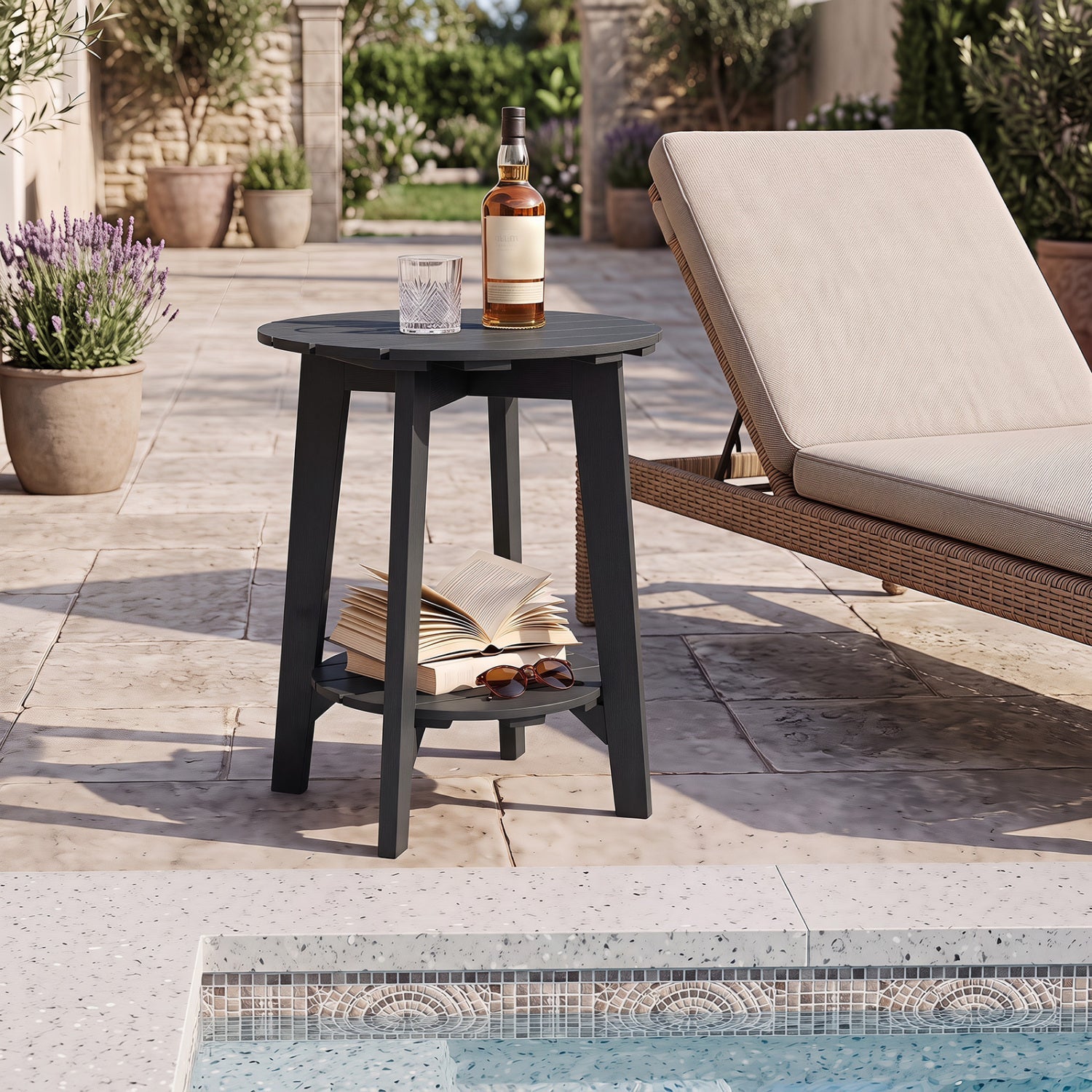 2-Tier Eucalyptus Wood Outdoor Side Tables set of 2, DirectDeals, dark gray beside a lounge chair on Tampa Home & Garden Store