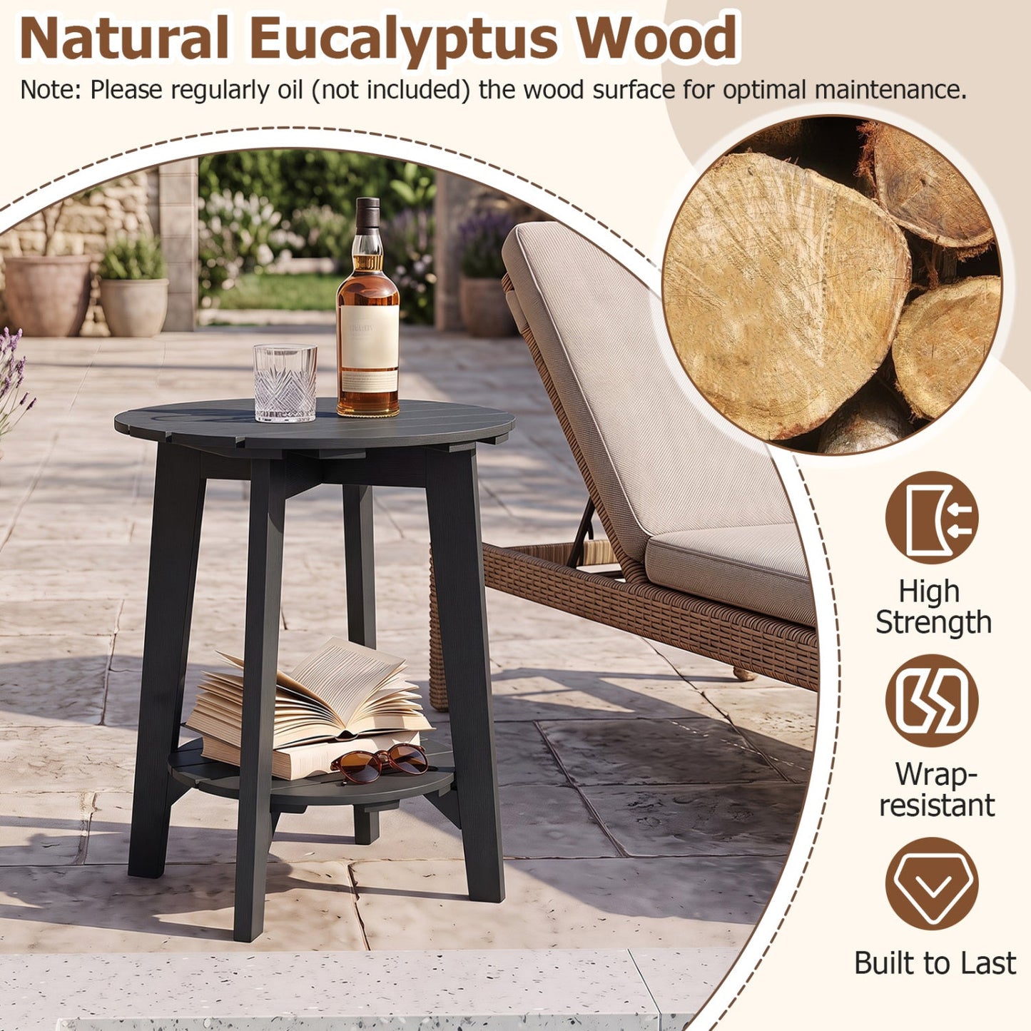 2-Tier eucalyptus wood outdoor side table set of 2 dark charcoal on patio with bottle and glass on Tampa Home & Garden Store