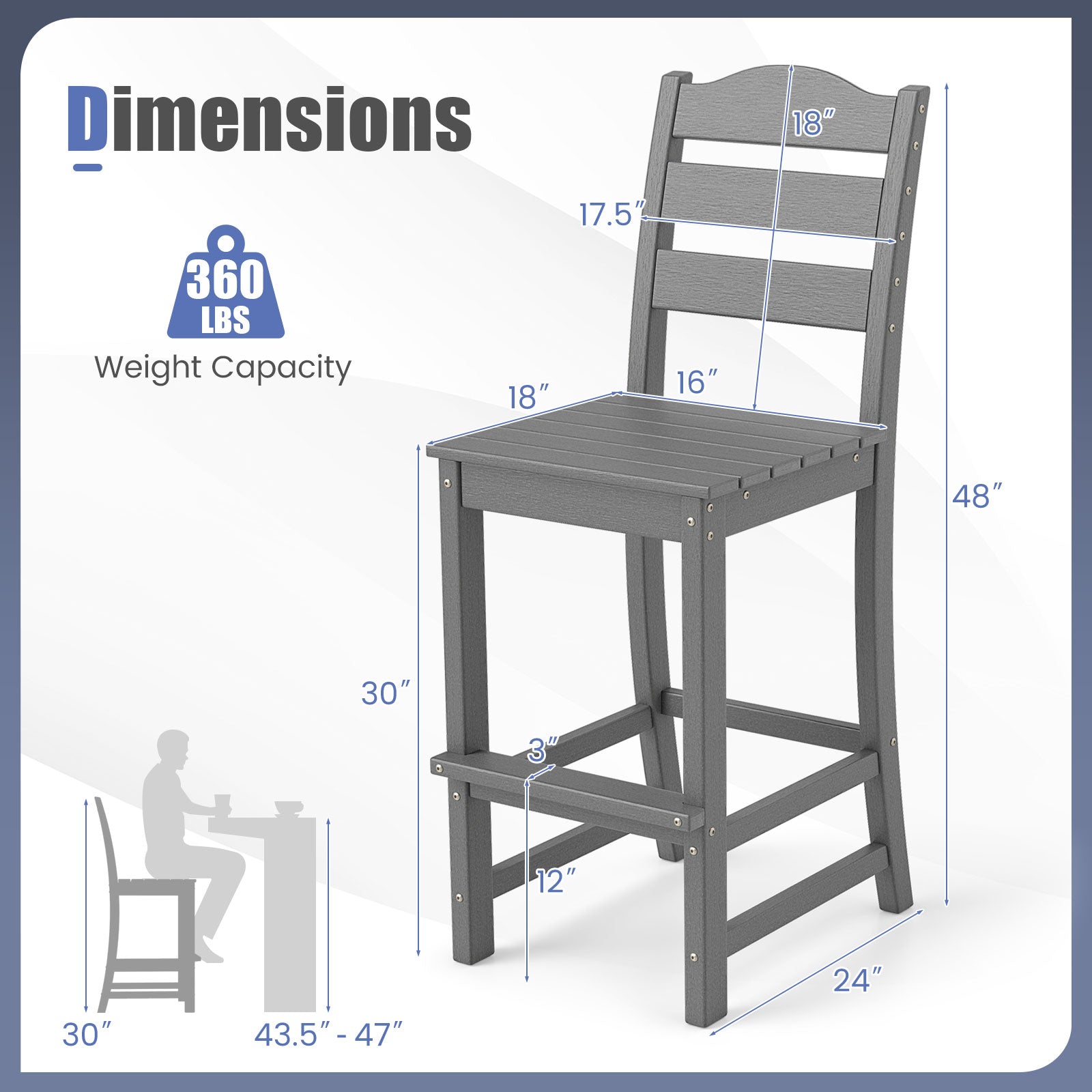 Set of 2 30 Inches HDPE Outdoor Counter Height Bar Stools with Backs-Gray - Tampa Home & Garden Store