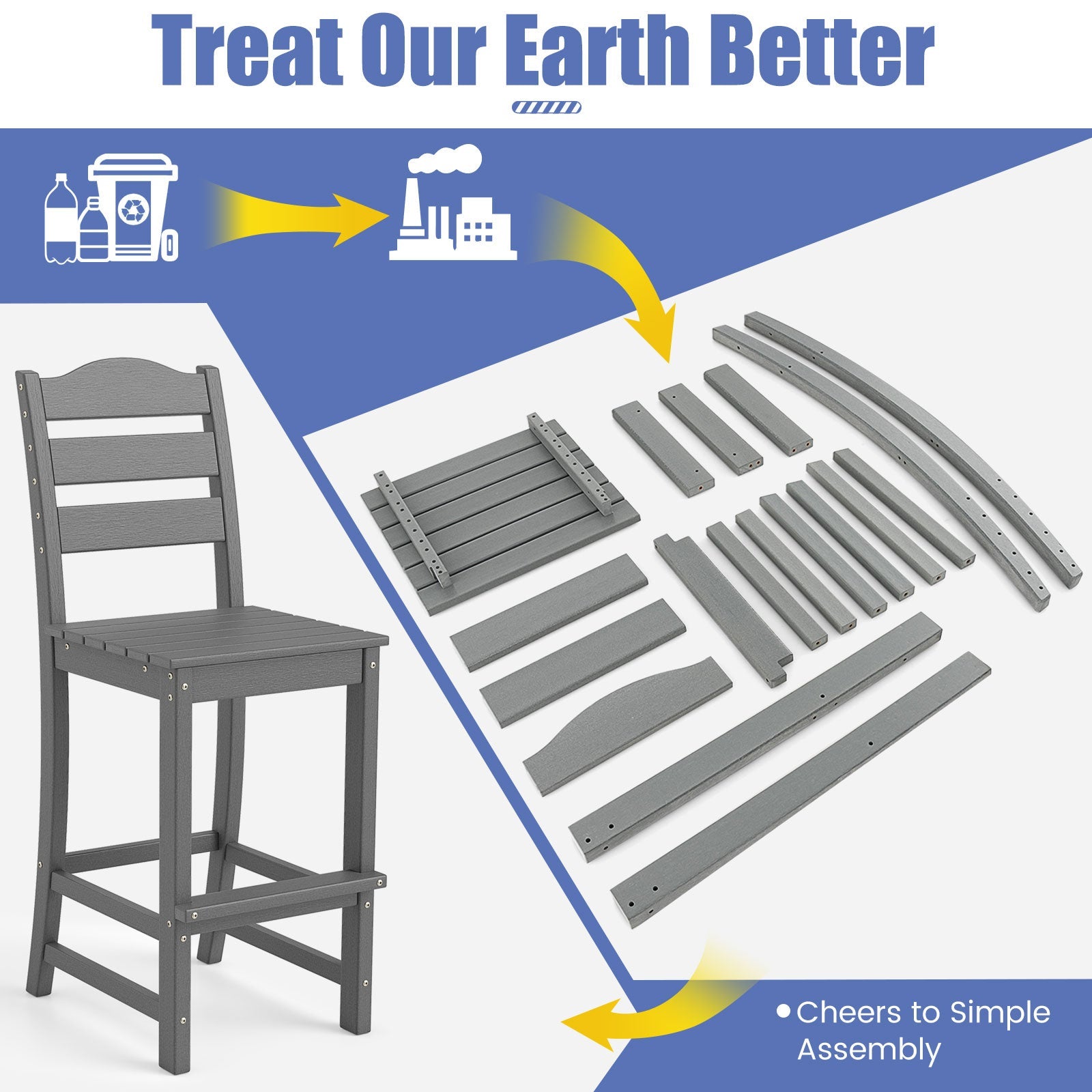 Set of 2 30 Inches HDPE Outdoor Counter Height Bar Stools with Backs-Gray - Tampa Home & Garden Store