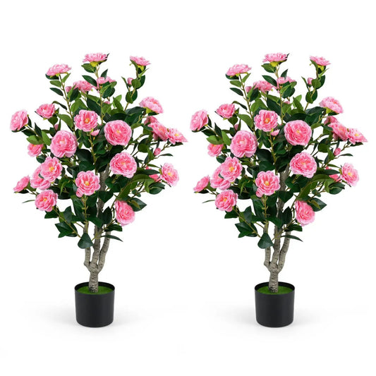 Artificial Camellia Tree 39.5in with Cement Pot Set of 2 pink blooms DirectDeals on Tampa Home & Garden Store