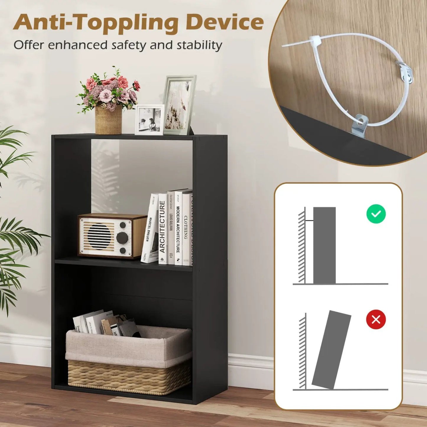 3-Tier Bookshelf With Open Storage Set of 2
