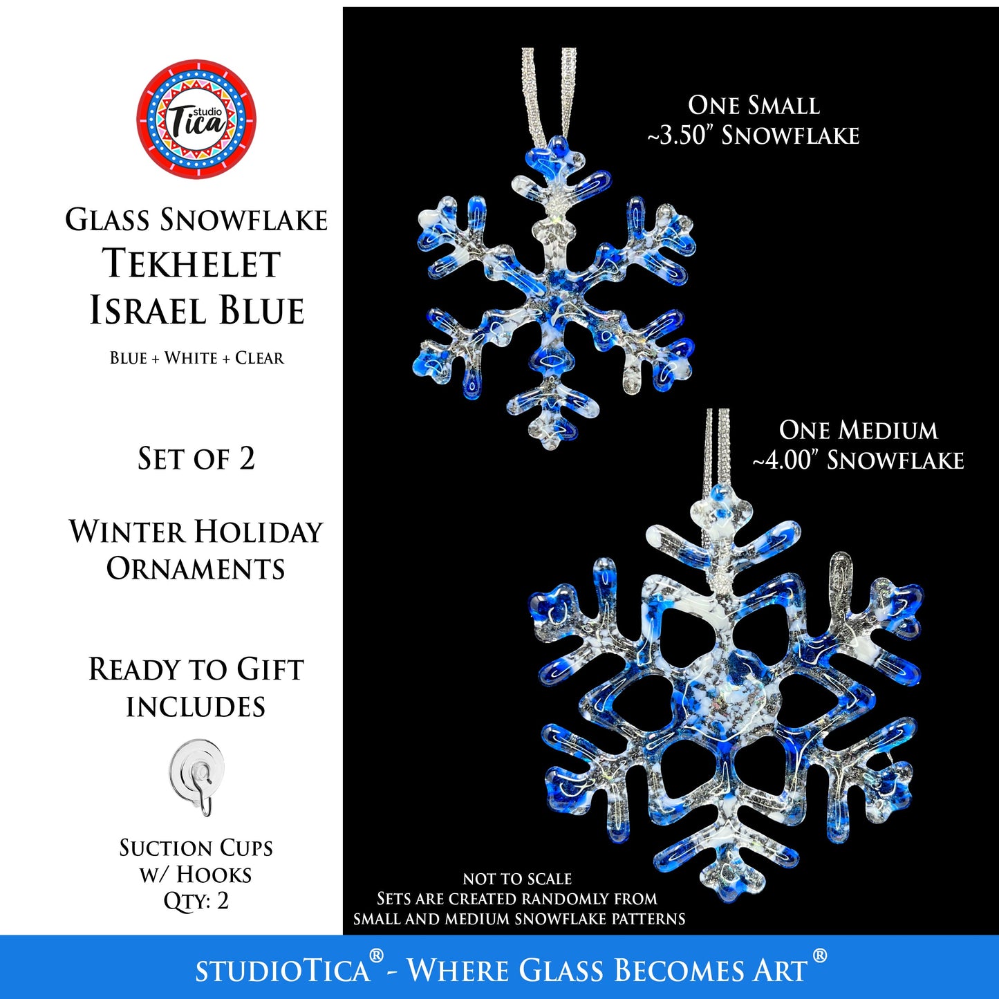 Copo de nieve de cristal hecho a mano - Azul Tekhelet Israelí - por studioTica
