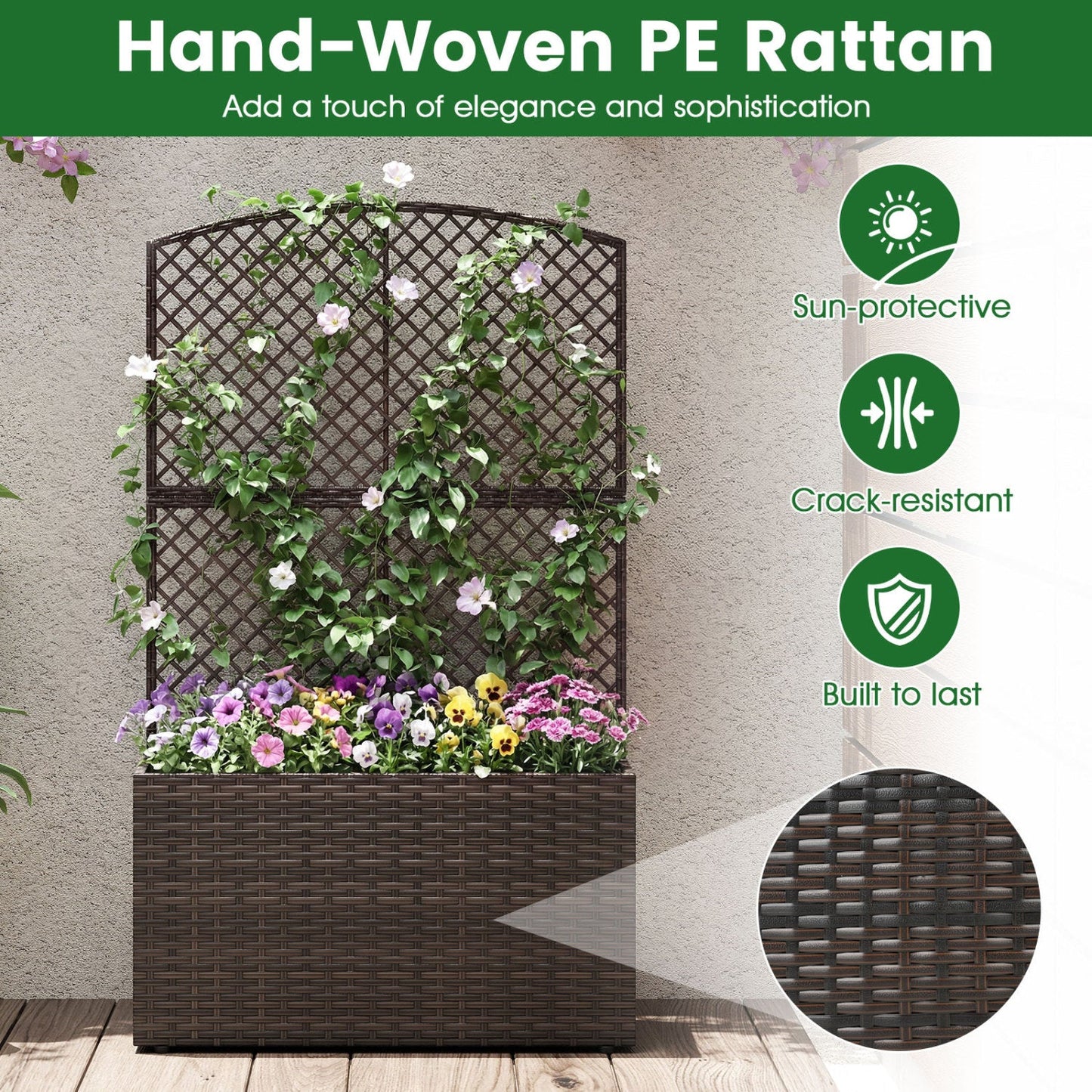 Set of 2 49 Inch Raised Garden Bed with Trellis and Wicker Planter Box