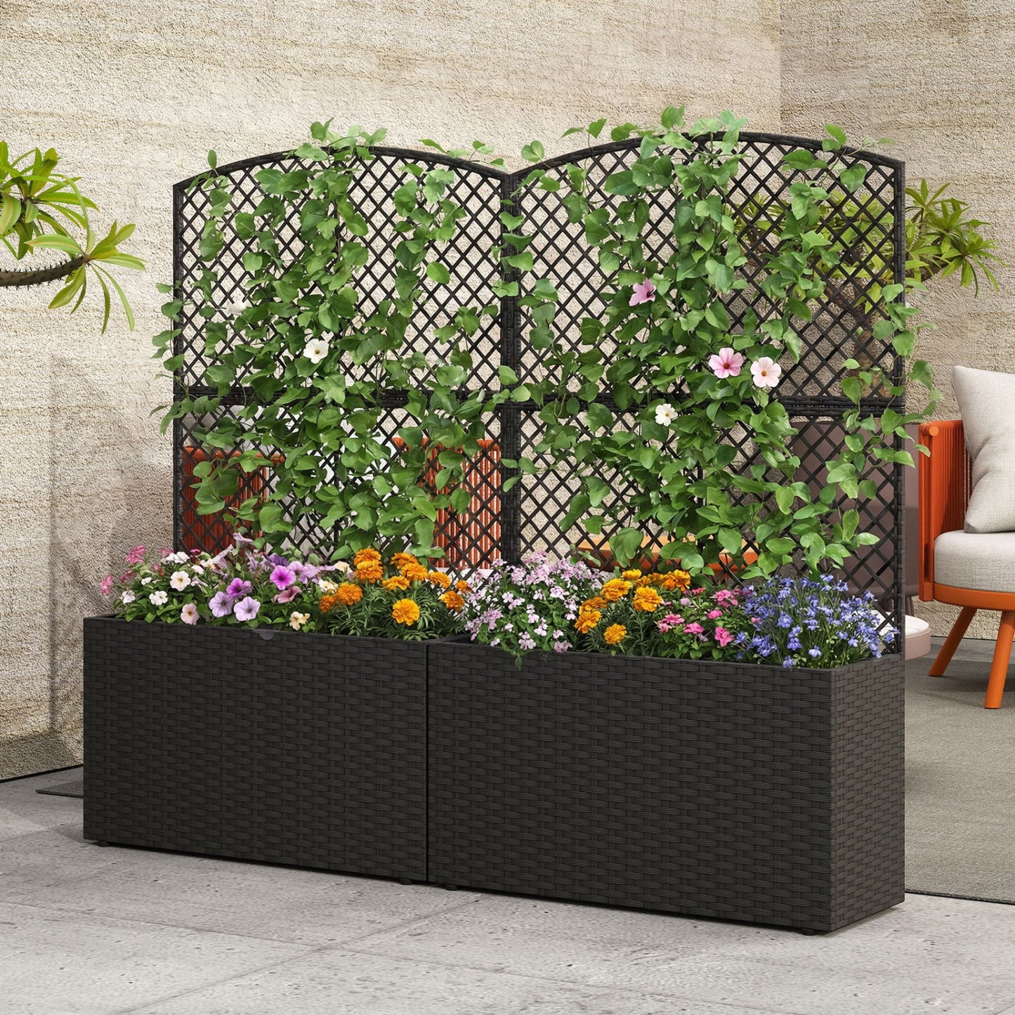 Set of 2 49 Inch Raised Garden Bed with Trellis and Wicker Planter Box