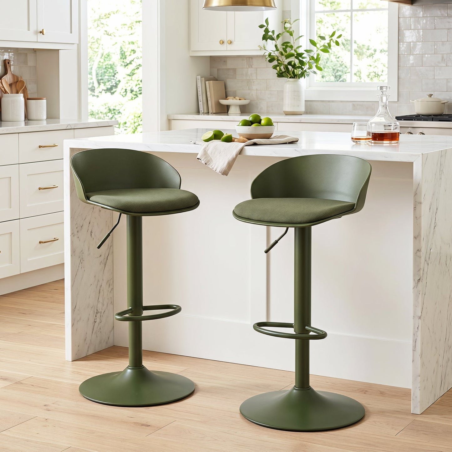 Adjustable swivel bar stools set of 2 with back & footrest, olive green seats DirectDeals on Tampa Home & Garden Store