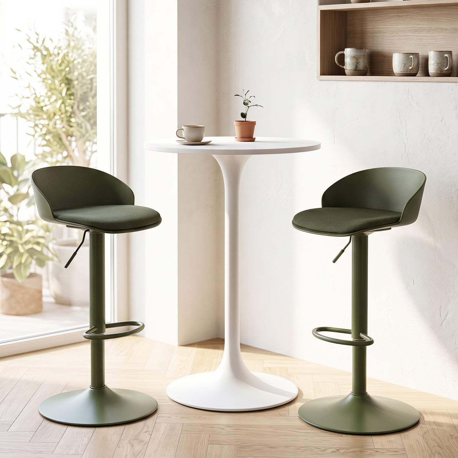 Adjustable swivel bar stools set of 2 with back & footrest in olive green on metal pedestals on Tampa Home & Garden Store