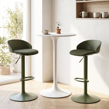 Adjustable swivel bar stools set of 2 with back & footrest in olive green on metal pedestals on Tampa Home & Garden Store