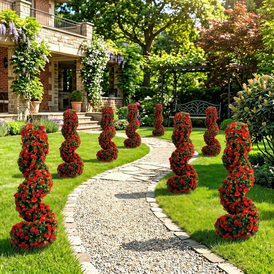 Artificial Spiral Topiary Trees 36-inch, set of 2 with ground spikes DirectDeals red blooms on Tampa Home & Garden Store