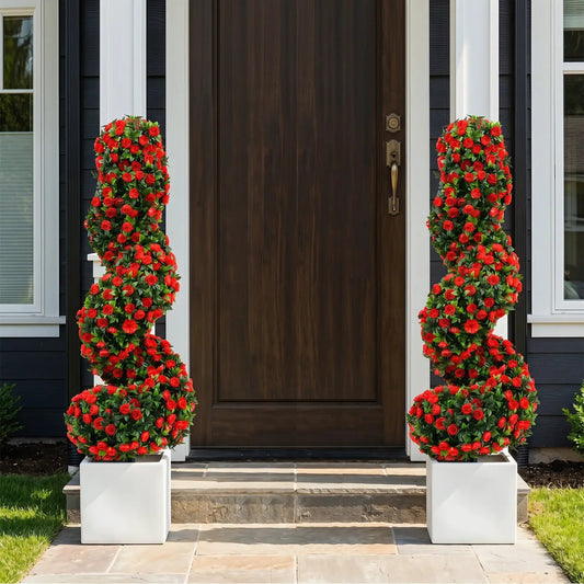 Artificial Spiral Topiary Trees 36" with Ground Spikes, set of 2; red roses, green foliage in white planters on Tampa Home & Garden Store