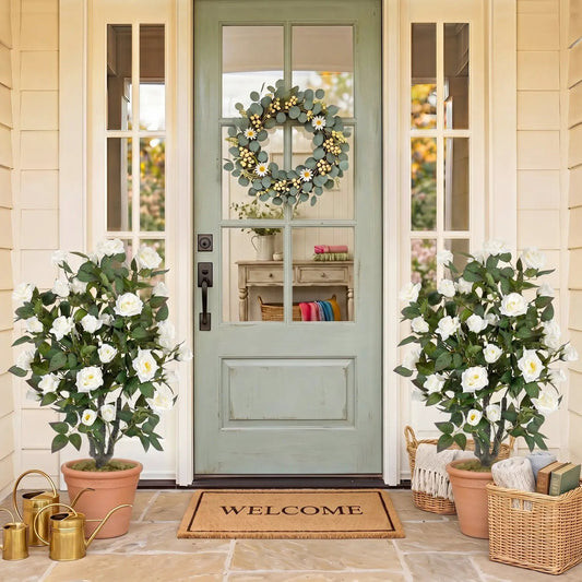 Artificial Rose Tree Set of 2, DirectDeals faux plants with white roses and green leaves on Tampa Home & Garden Store