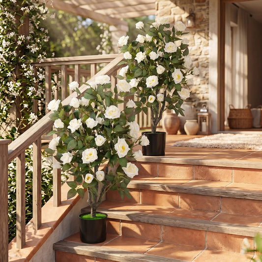 Artificial Rose Tree DirectDeals set of 2 with white roses in black pots on a wooden porch on Tampa Home & Garden Store