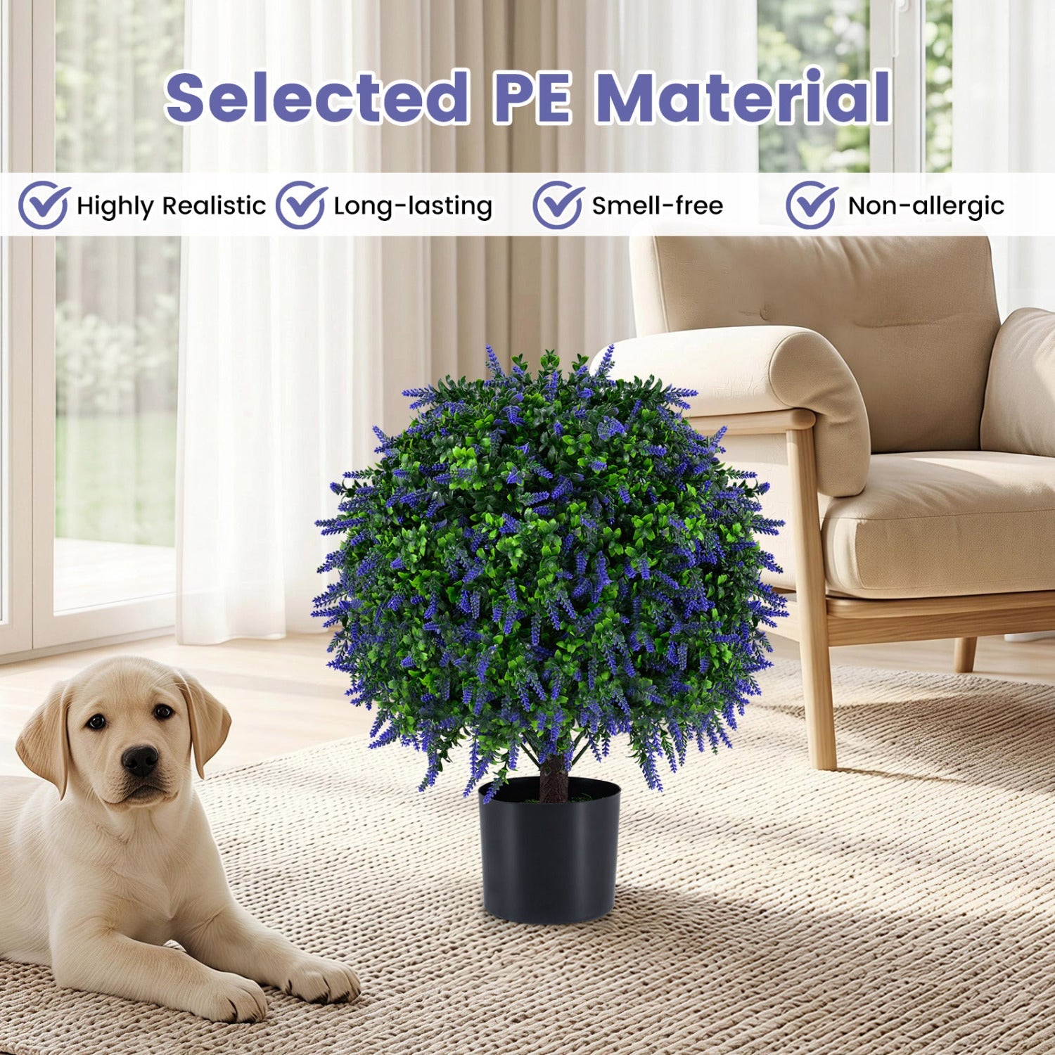 Artificial Lavender Topiary Ball Trees 22 Inch set of 2, greenery in black pots in living room on Tampa Home & Garden Store