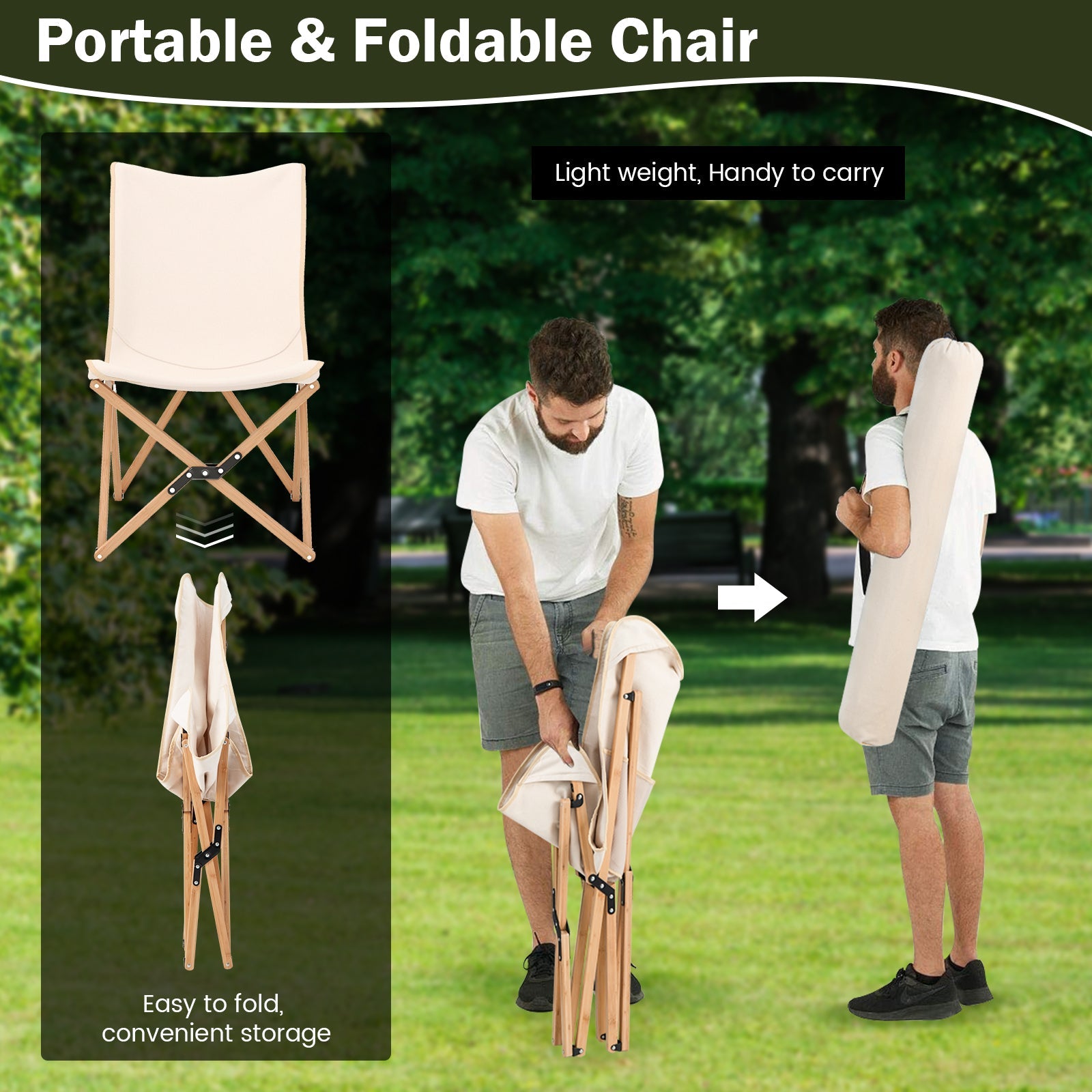 GemGear bamboo folding chair set of 2 with storage pocket, beige fabric seats on Tampa Home & Garden Store