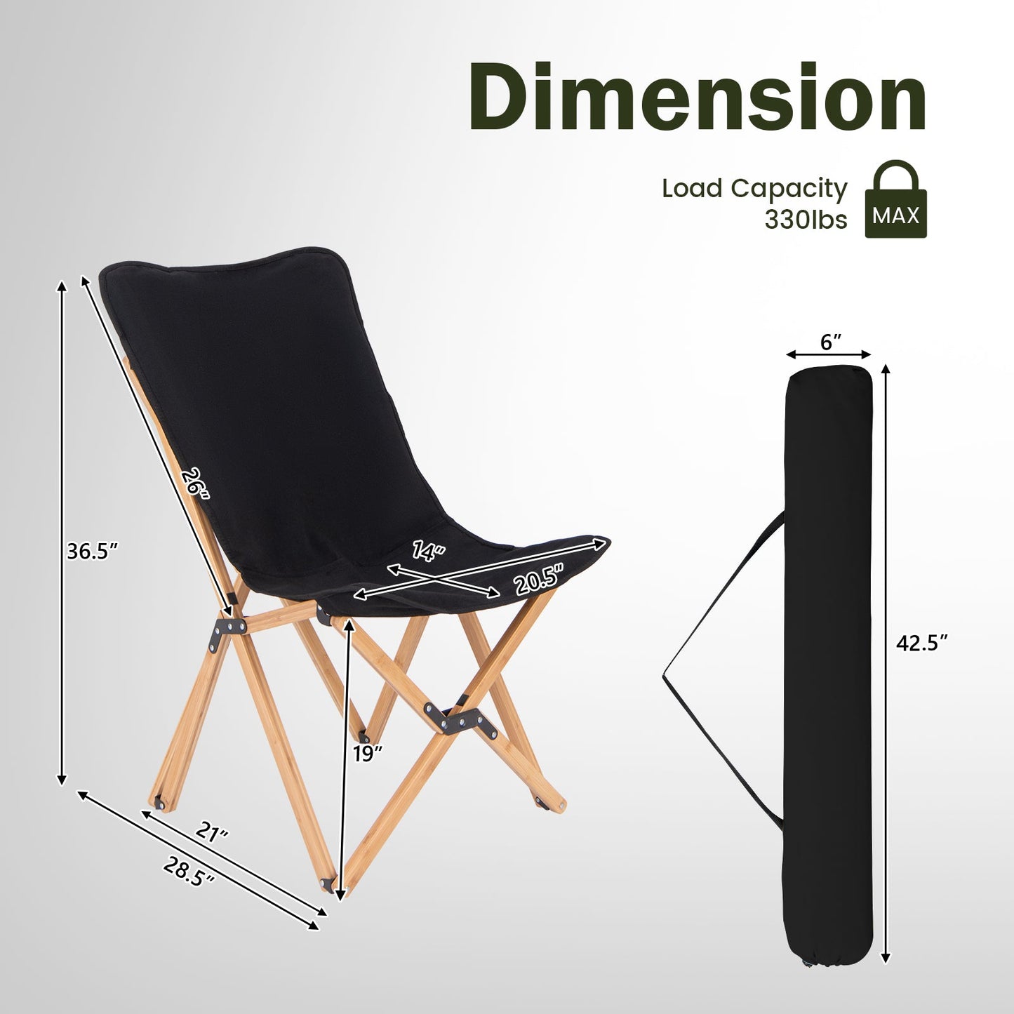 Juego de 2 sillas de bambú para dormitorio con bolsillo de almacenamiento para camping y pesca - Negro