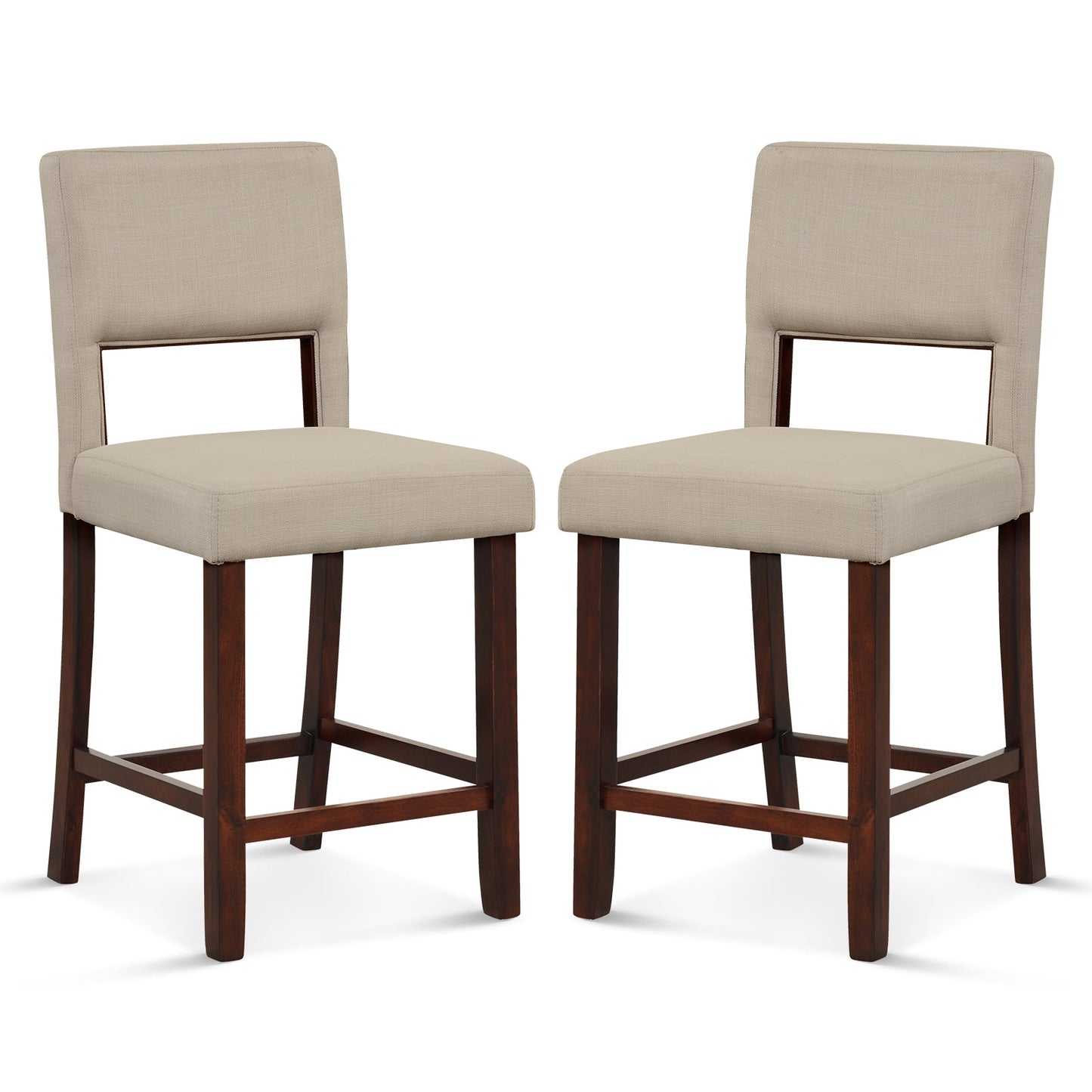 Juego de 2 sillas de bar con respaldo ahuecado y patas de madera de caucho - Beige