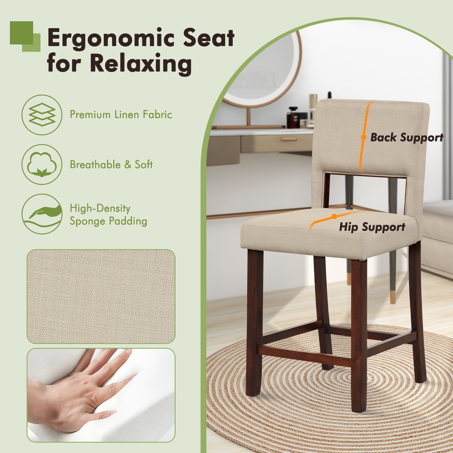 Juego de 2 sillas de bar con respaldo ahuecado y patas de madera de caucho - Beige