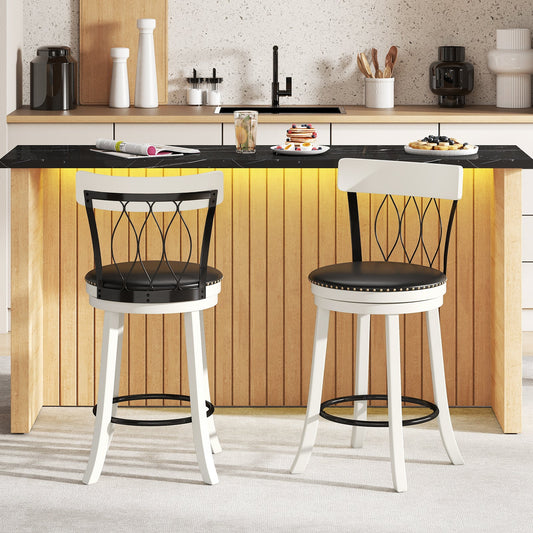 Set of 2 Bar Stools Swivel Bar Chairs with Footrest Rubber Wood Frame and Tufted Rivets-26 inches - Tampa Home & Garden Store