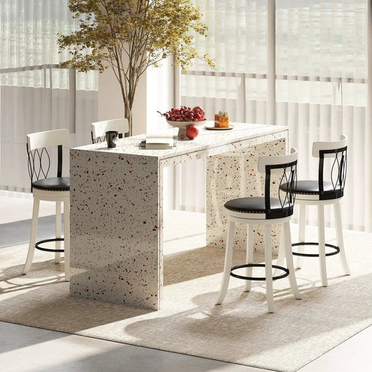 Two swivel bar stools with rubber wood frame and footrests, black seats, white backs on Tampa Home & Garden Store