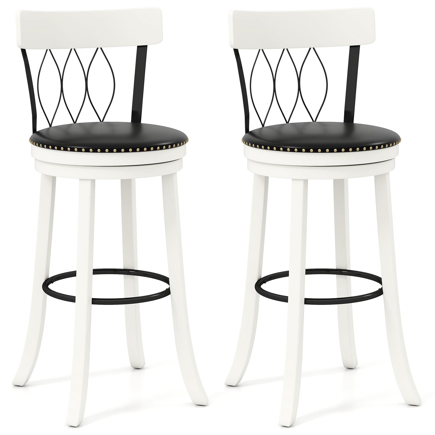 Set of 2 Bar Stools Swivel Bar Chairs with Footrest Rubber Wood Frame and Tufted Rivets-26 inches