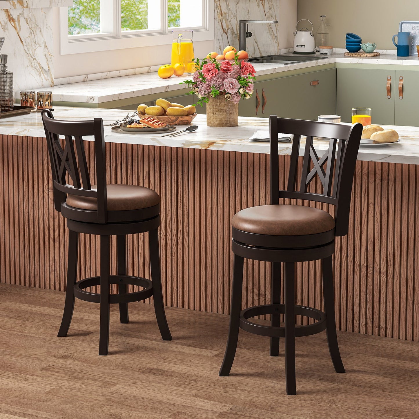 Set of 2 Bar Stools Swivel Bar Chairs with Footrest and Hollowed Backrest
